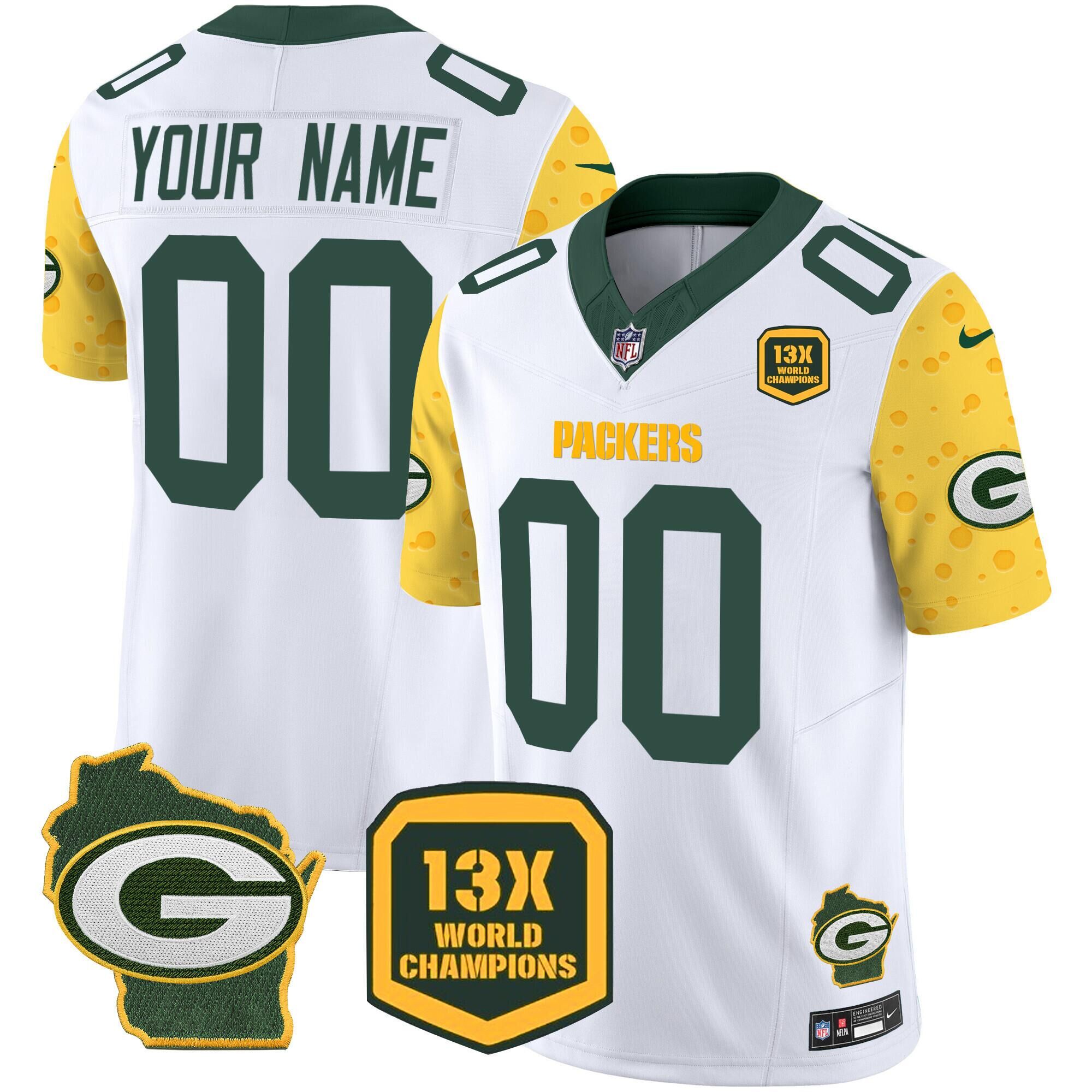 Men's Green Bay Packers ACTIVE PLAYER Custom Cheese White 2024 F.U.S.E. Home Patch 13 Time World Champions Vapor Untouchable Limited Stitched Football Jersey